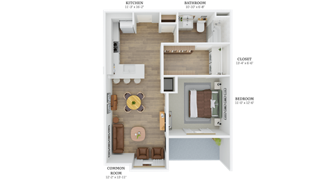Floor plan for 1 bed, 1 bath, 777 sqft